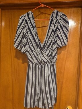 Navy & White Striped V-Neck Romper